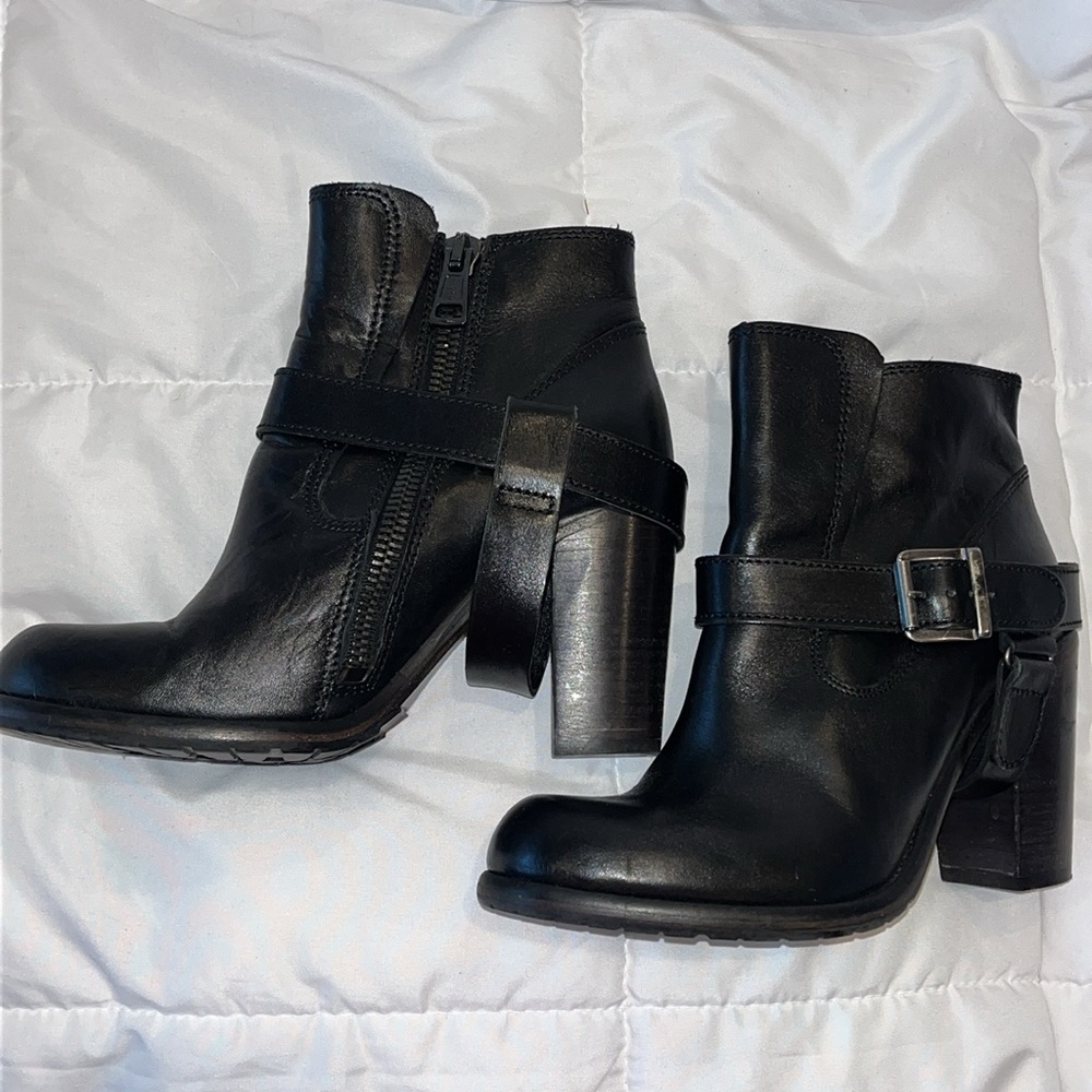 All Saints Jules Black Leather Block Heel Booties | Size 40 / US 9